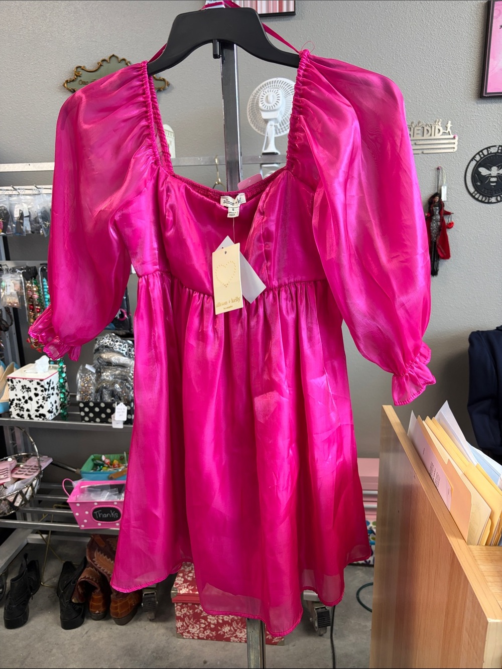 Girls' Hot Pink Puff Sleeve Party Dress VQKN7Q